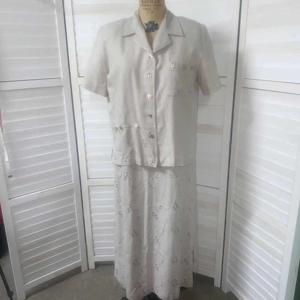 80s 90s Momentum Khaki Embroidered Maxi Dress & Blazer Top 2 Pc Set Made In USA